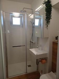 a bathroom with a shower and a sink at Apartments by the sea Banjol, Rab - 4965 in Banjol