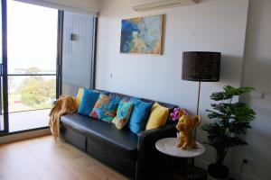a living room with a blue couch with colorful pillows at Modern apartment with water view in Geelong in Geelong