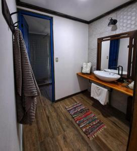 a bathroom with a sink and a mirror at Wine Lodge de Viña Vultur en bosque nativo con piscina in Doñihue