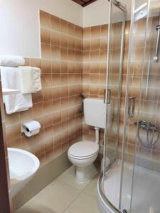 een badkamer met een toilet, een wastafel en een douche bij Apartments and rooms with parking space Novi Vinodolski - 19963 in Novi Vinodolski