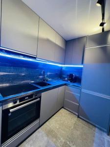 a blue kitchen with a sink and a dishwasher at Impact Apartments in Piteşti