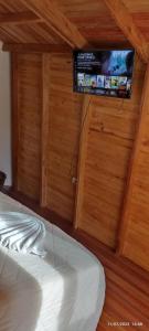 ein Schlafzimmer mit einem Bett und einem TV an der Wand in der Unterkunft CABAÑAS ALPINA in San Agustín