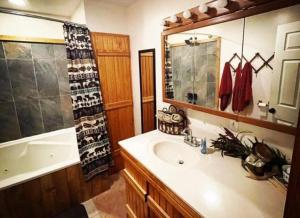 a bathroom with a sink and a tub and a shower at The Hideaway at Bear Mountain Log Cabins in Eureka Springs