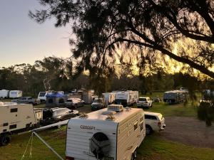 a bunch of trailers parked in a parking lot at Poplar Tourist Park in Elderslie