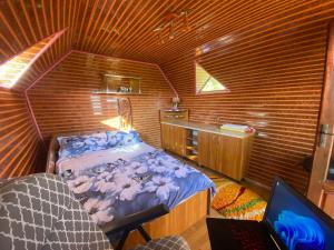 a bedroom with a bed and a laptop in a room at Căbănuță rustică 02 in Băniţa