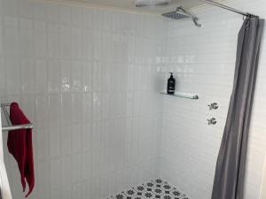 ein Bad mit einer Dusche und einem roten Handtuch in der Unterkunft Kooringa Cottage in Burra + 28 Fotos