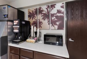 a kitchen counter with a microwave and a refrigerator at Red Roof Inn Mansfield in Mansfield