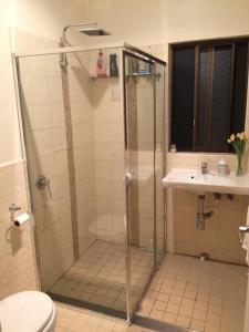 a bathroom with a shower and a toilet and a sink at The Cottage in Queanbeyan +2 photos