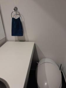 uma pequena casa de banho com um WC e um saco azul em Aparta Suite La Candelaria em Bogotá