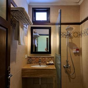 a bathroom with a sink and a mirror and a shower at Kutus Kutus Clemmie Huis in Yogyakarta
