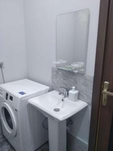 a bathroom with a sink and a washing machine at Elchins villa in Gabala