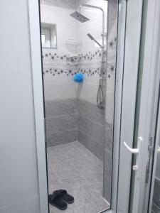 a shower with a glass door in a bathroom at Elchins villa in Gabala