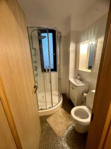 een badkamer met een douche, een toilet en een wastafel bij GGMamaia in Mamaia +16 foto's