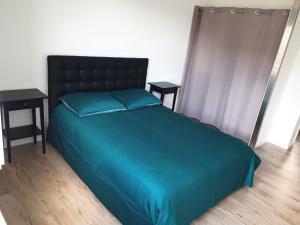 Bett mit blauer Decke und 2 Nachttischen in der Unterkunft Grand appartement, lumineux in Miniac-Morvan