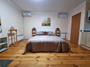 1 dormitorio con 1 cama y suelo de madera en ARTAPARTMENTS-center, en Cherníhiv
