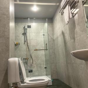 a bathroom with a shower and a toilet and a sink at Scandi Hotel in Uralsk