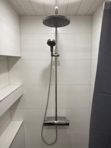 a shower in a bathroom with a light fixture at Harry Hans Beach Apartment in Pärnu