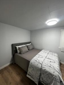 1 dormitorio con 1 cama en una habitación blanca en Cozy Home- Winnipeg Airport, Downtown and Polo Park en Winnipeg