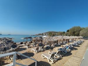 a beach with chaise lounge chairs and umbrellas at Varkiza Sea View Apartment - Free Parking in Vari