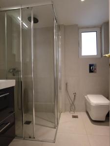 La salle de bains est pourvue d'une douche et de toilettes. dans l'établissement Varkiza Sea View Apartment - Free Parking, à Vari