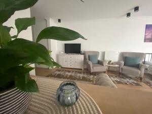a living room with a couch and a tv at Central Park Apartment in Cluj-Napoca