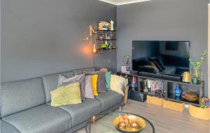 uma sala de estar com um sofá cinzento e uma televisão de ecrã plano em Gorgeous Apartment In lesund With House A Panoramic View em Ålesund