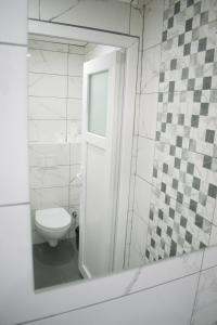 a bathroom with a white toilet and a mirror at Hostel Kovači in Sarajevo