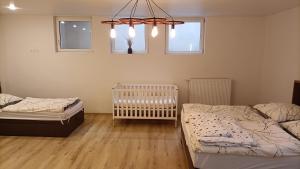 a bedroom with two beds and a crib in it at Casa Verde Sinnerthal in Neunkirchen