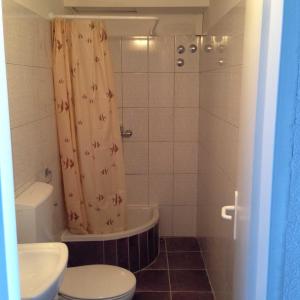 a bathroom with a toilet and a shower curtain at Apartments Acalinović in Vis
