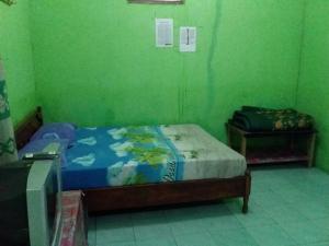 Kepulauan SeribuにあるLosmen Lima Saudaraの緑の壁、ベッド付きのベッドルーム1室