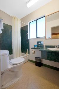 baño con aseo y lavabo y ventana en Broadway Inn by OYO Portland Downtown, en Portland