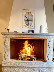 ein Feuer in einem Steinkamin mit Flammen in der Unterkunft Palazzo Falletti in Guardavalle