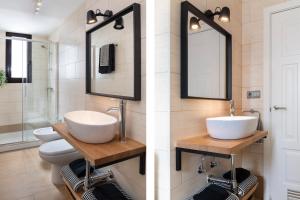 two images of a bathroom with a sink and a mirror at Avanti Torre del Valle, recien reformado! in Seville