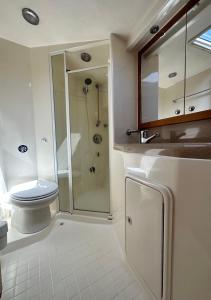 a bathroom with a toilet and a shower in it at Bateau Vedette 14 mètres in Propriano