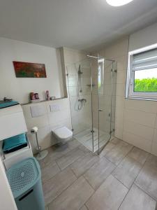 ein Bad mit einer Dusche und einem WC in der Unterkunft Ferienwohnung am Strandbad in Friedrichshafen