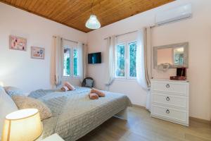 a bedroom with two beds and a mirror at Corfu sight Blue in Spartýlas