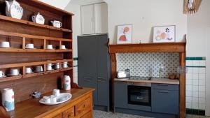 una cucina con frigorifero grigio e piano cottura di LA MAISON DE NOS PARENTS a Gonnehem