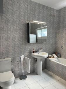 a bathroom with a sink and a toilet and a mirror at Elaia Apartment in Kavála +12 photos