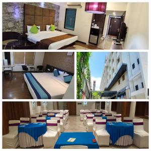 dos fotos de una habitación de hotel con camas y sillas en Hotel LXIA Hinjewadi - Indian Nationals Only, en Pune