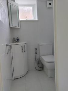 a white bathroom with a toilet and a window at Beautiful House in Ruislip in Northwood