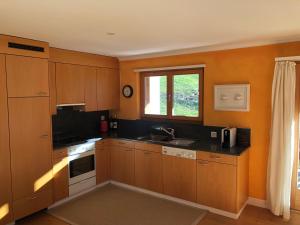 a kitchen with wooden cabinets and a sink and a window at Plattis 4 in Klosters