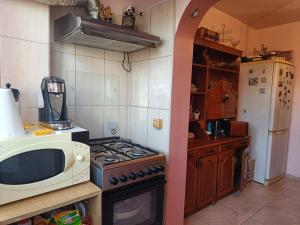 y cocina con fogones y microondas. en Grati’s house, en Constanţa
