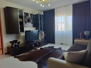 sala de estar con sofá y TV de pantalla plana en Grati’s house en Constanza
