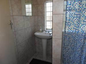ein Badezimmer mit Waschbecken und Dusche in der Unterkunft Dinizulu Cottage in Hluhluwe + 21 Fotos