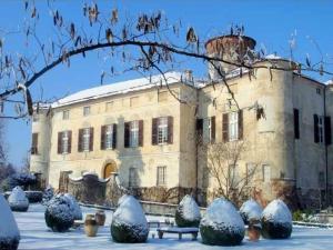 Rocca GrimaldaにあるLuxurious Apartment in Rocca Grimalda with Gardenの雪に覆われた木々が目の前に広がる建物