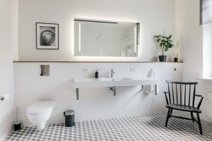 a bathroom with a sink and a toilet and a mirror at Spacious 2-story apt. w/ terrace - 280 m2 in Riga