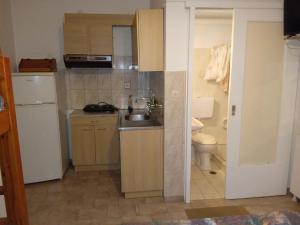 a small kitchen with a sink and a toilet at Studios Θάλεια in Neos Pirgos
