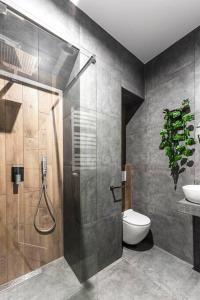 a bathroom with a shower and a toilet and a sink at Krakowskie30 Loft1 deptak in Lublin