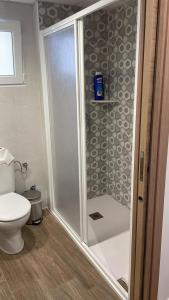 a bathroom with a shower and a toilet at Apartamento del Agua in Rute