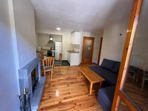 a living room with a blue couch and a fireplace at Your Place Benasque in Benasque